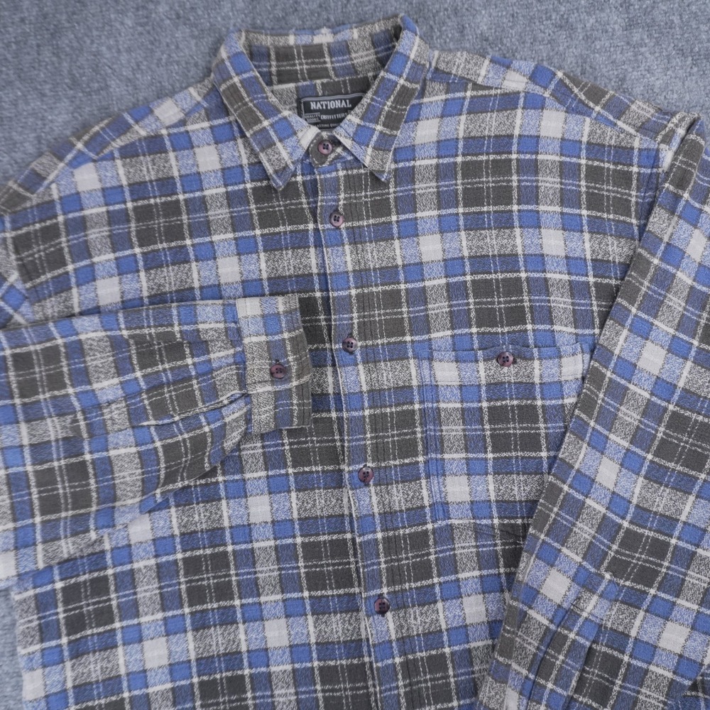 National Outfitters Flannel Shirt Mens Large‎ Blue Grey Plaid Long Sleeve Button